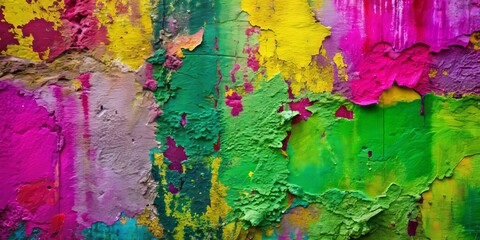 A lively abstract background showcasing a weathered wall with textured layers of green, pink, purple, and yellow paint,