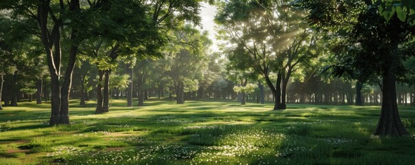 Fototapeta premium Park with tall trees and dappled sunlight, 4K hyperrealistic photo,