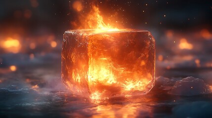 A fiery cube, burning brightly, surrounded by ice and smoke.