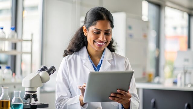Science, research and india woman with tablet, smile and internet in laboratory with medical data. Healthcare, pharmaceutical innovation and scientist, technology and reading email, website or result