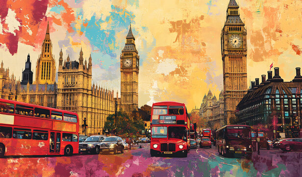 Big Ben and Westminster Abbey in London, UK. Double exposure design