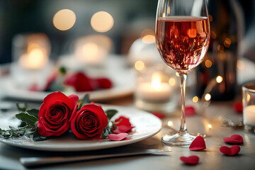 red roses and glass of wine on dark table with wine glass and candles in the background Valentines Day card