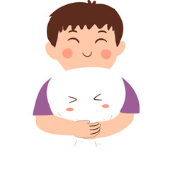 A boy is hugging tooth toy