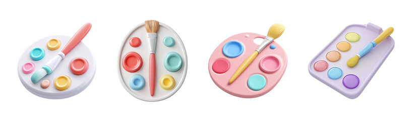 Collection of set 3d palette with paintbrush icon isolated on transparent background. PNG file, cut out