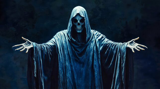 A haunting skeletal figure in a black hood and blue cloak with outstretched hands under dramatic lighting against a dark backdrop