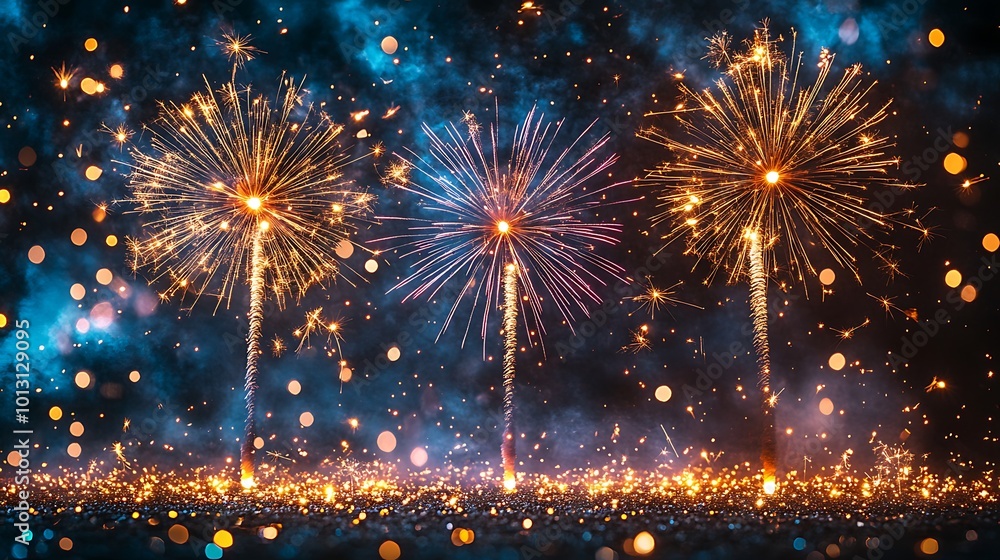 Poster festive fireworks display with sparkling golden and blue bokeh lights.