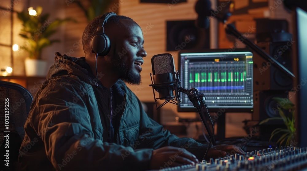 Fototapete the podcaster focuses on delivering content, adjusting controls, and interacting with listeners in a