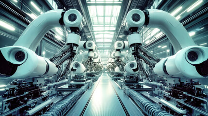 Obraz premium In a cutting-edge factory, advanced robots work in harmony on assembly lines, creating intricate products amidst a sleek, high-tech environment