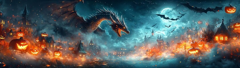 Fototapeta premium A fiery dragon flying through the mist above a pumpkinfilled village, with glowing lanterns lighting the streets and fog covering the ground, perfect for Halloweenthemed ads