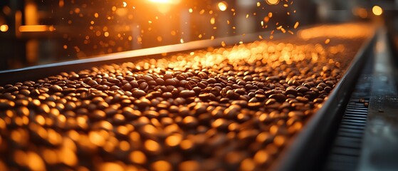 Fototapeta premium Coffee beans moving along a conveyor belt, bright industrial lighting, closeup view, focused foreground