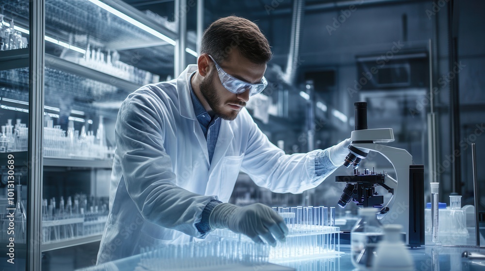 Poster A scientist dressed in a lab coat and safety glasses meticulously works with test tubes and samples in a modern laboratory. Generative AI