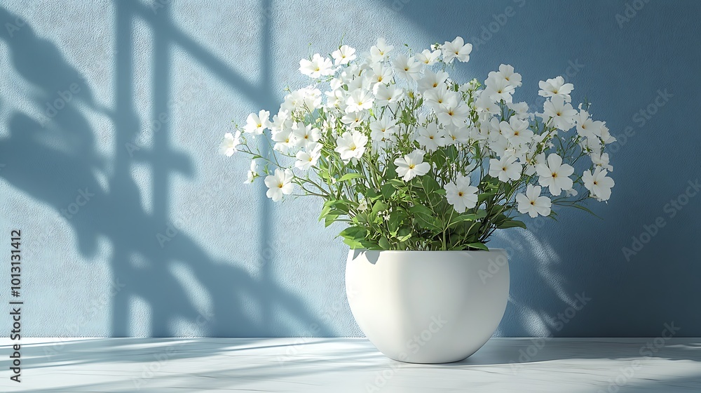 Poster white flowers in a pot on a white table with a blue wall behind it. sunlight shines in through a win