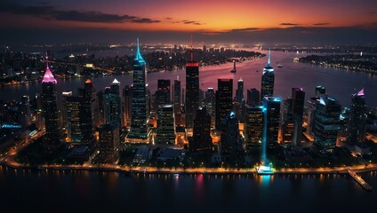 Vibrant city skyline with a floating pin icon.