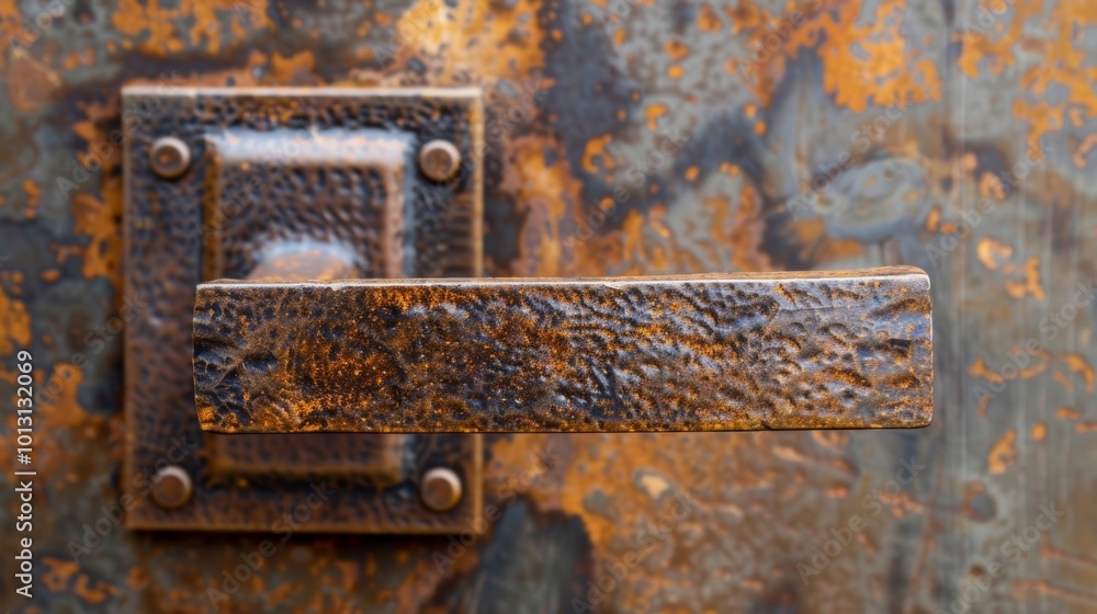 Poster a weathered bronze exterior door handle with a rustic hammered finish and a sy rectangular design.