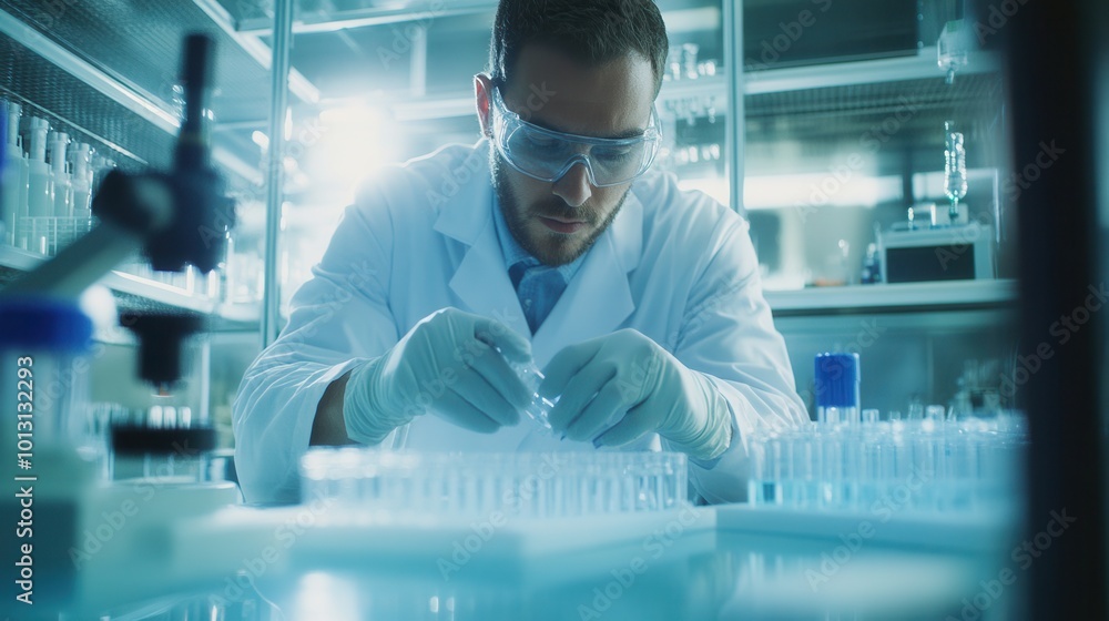 Poster a scientist in a lab coat carefully manages test tubes and samples while conducting research, ensuri