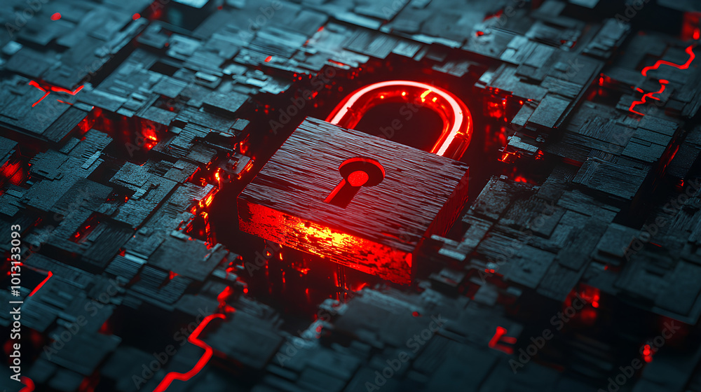 Poster hacker attack. security breach, system hacked, internet cyber attack alert with red broken padlock, 