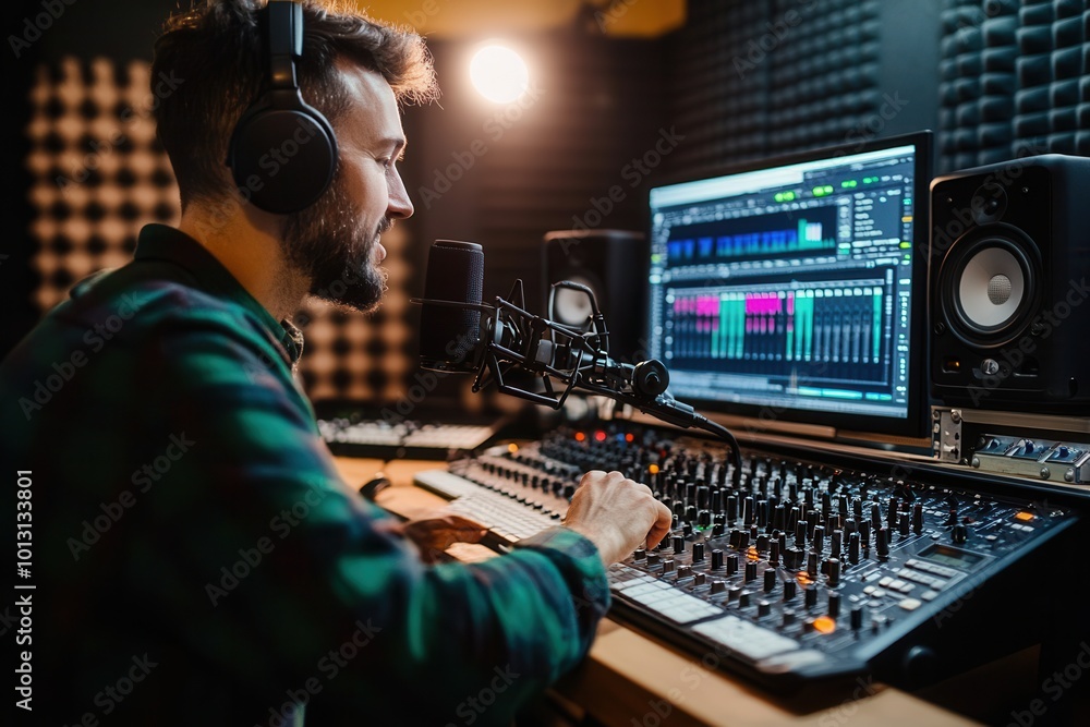 Fototapete in a soundproof studio, a skilled podcaster contributes engaging content while adjusting audio level