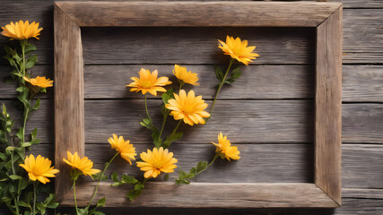Obraz premium Fresh flowers with Frame on wooden background with with empty space for greeting message. Love and greeting concept design. AI generated image, ai