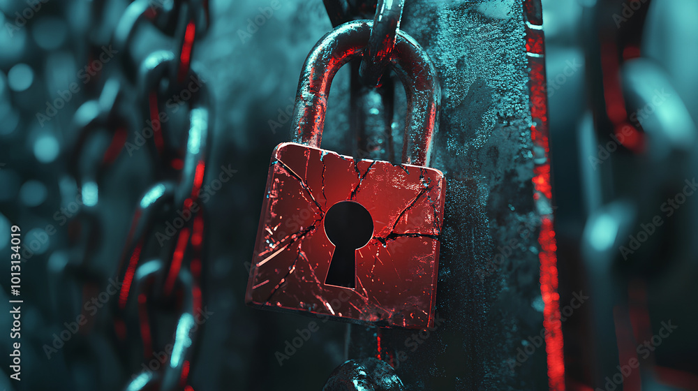 Poster hacker attack. security breach, system hacked, internet cyber attack alert with red broken padlock, 