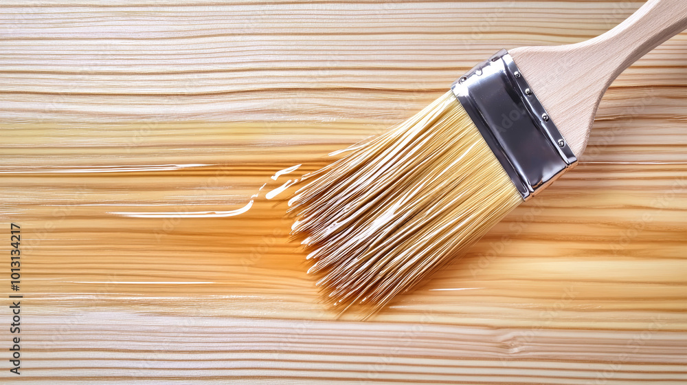 Poster applying varnish to an old wooden table with a brush to create a smooth, glossy finish in a softly l
