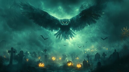 Fototapeta premium An owl soaring over a haunted graveyard, with glowing pumpkins scattered below and fog swirling around, ideal for Halloween ad space