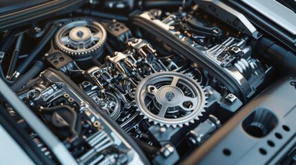 An overhead shot of the sunroof open revealing the intricate mechanism of gears and levers that allow it to function.