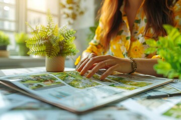 close-up photo of a woman's hands using a digital tablet to search for hotels online, looking for discounts and planning a business trip.