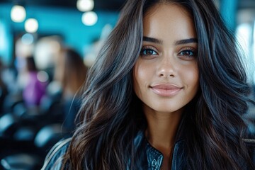 Obraz premium A confident woman with long dark hair is captured in an urban setting, smiling with poise and elegance, embodying youthful energy and modern city life.