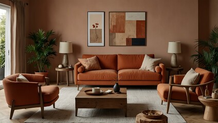 Warm living room mood board with terracotta sofa and wooden furniture.