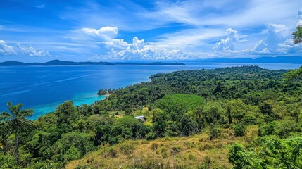 Obraz premium A panoramic view from the top of a hill overlooking the islands of Satun, capturing the vastness of the Andaman Sea.