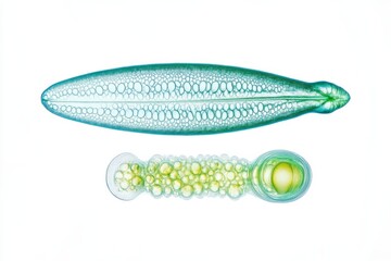 the beside view Diatom Phytoplankton, left side view, white copy space on right, Isolated on White Background