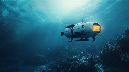 A futuristic white submarine travels through the blue ocean water with coral and fish in the background.