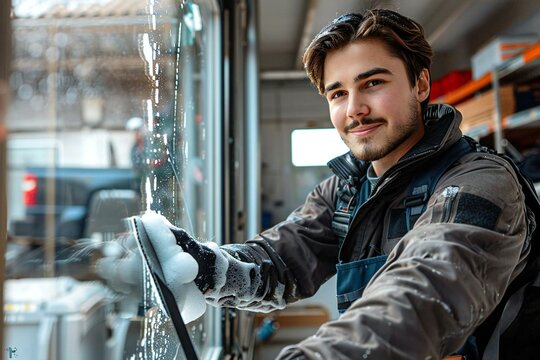 The photo idea is to capture a young male janitor cleaning soap sud on a window with a squeegee, showcasing the process of sanitation and cleanliness in a workplace building.