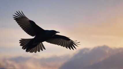 Fototapeta premium A powerful image of a crow in flight, captured in silhouette against a dramatic sky. The bird’s wings are spread wide, creating a sense of motion and strength