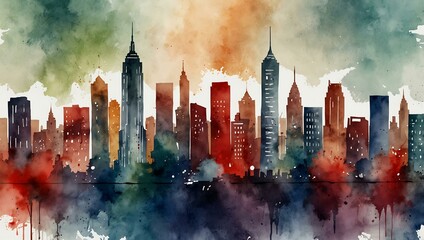 Watercolor city skyline with a red pin.