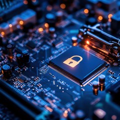Closeup of a computer motherboard with a digital padlock symbolizing secure login and encrypted connection Bluetoned lighting, overlay of verified credentials, wideangle banner