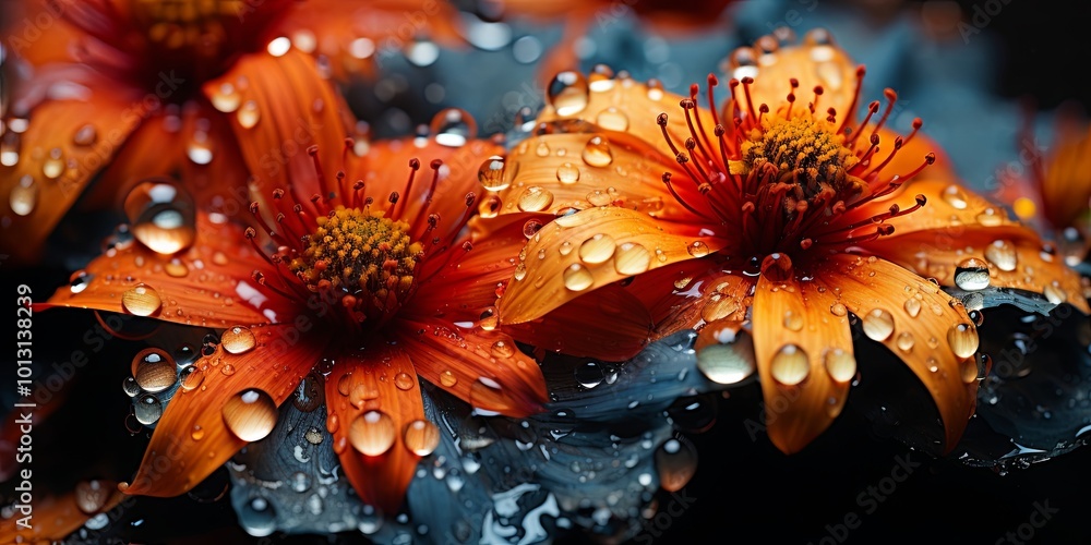 Canvas Prints A vibrant orange flower with delicate petals glistening with droplets of water, creating a captivating display of natural beauty.