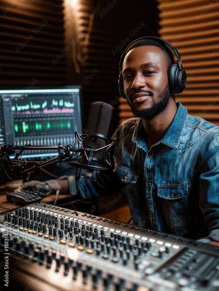 Aufkleber the podcaster is focused and speaking into a microphone, surrounded by audio equipment and sound pan