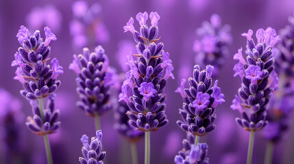 Obraz premium Lavender flowers blooming in a vibrant purple field during early summer, creating a tranquil and aromatic landscape
