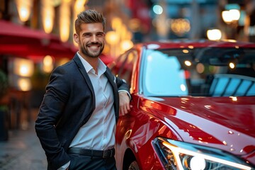 young male valet smiling while standing next to a red car, ready to provide top-notch parking service for a businessperson.