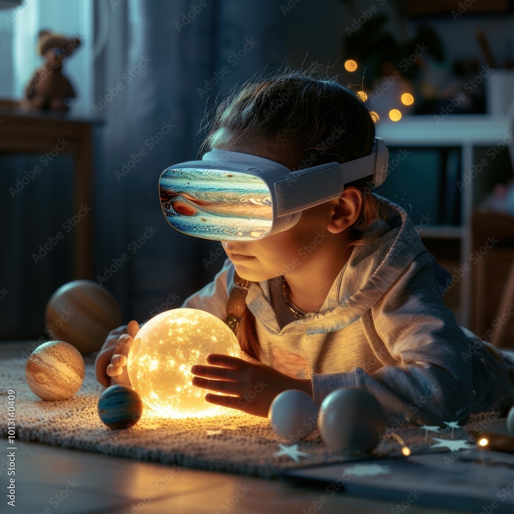 Poster child exploring virtual reality with glow sphere