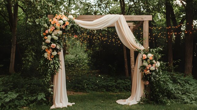 A step-by-step process of creating a DIY wedding arch, featuring materials like fabric, twinkling fairy lights, and fresh flowers, showcasing the creativity involved in personalizing the backdrop. 