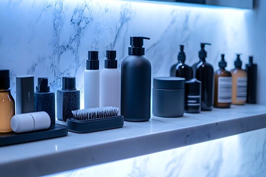 Body grooming kit on bathroom shelf