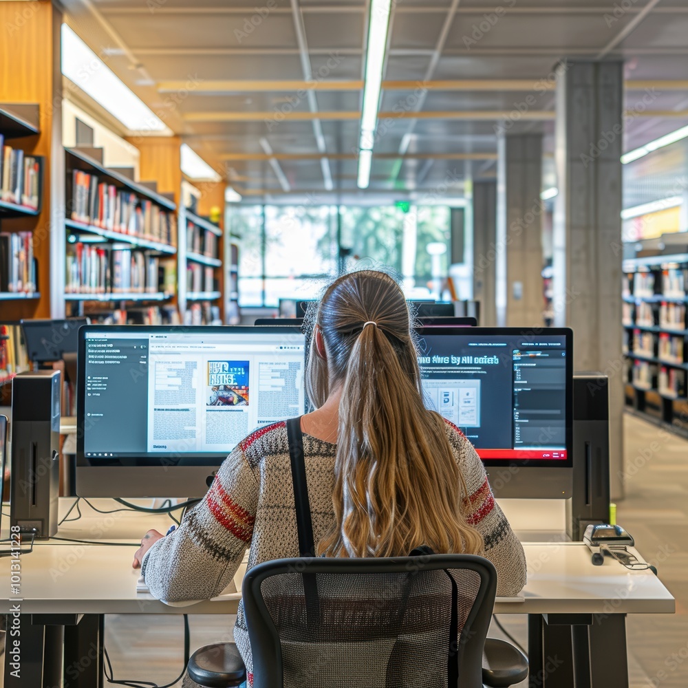 Poster student engaged with computer in library setting