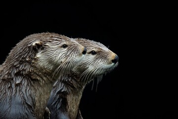 Fototapeta premium the beside view Sea Otters, left side view, white copy space on right, Isolated on dark Background