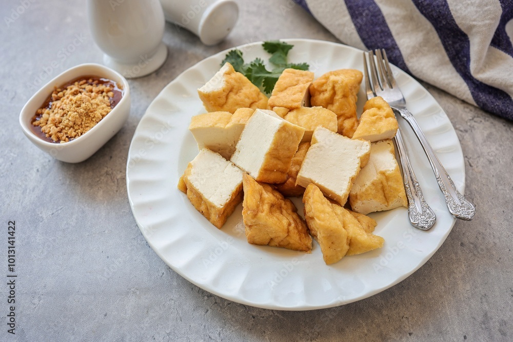 Wall mural fried tofu with dipping sauce in white plate on grey background, vagetarian food