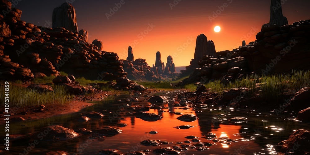 Sticker A Tranquil Stream Meanders Through a Desert Valley Under a Vibrant Sky, Reflecting the Colors of a Sunset