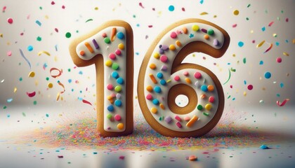 Fototapeta premium Decorated cookie, number 16, illustration for birthday or anniversary celebration