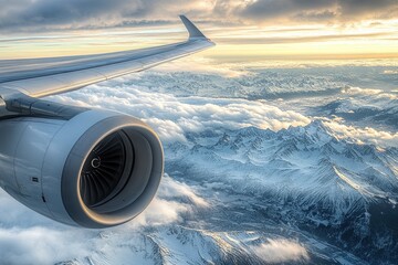 The plane flies low over the snow-capped mountains and prepares to land at the airport, the view from the airplane window to the wing turbine and the horizon