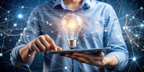 A tablet held by hands showcases a light bulb, representing innovation, surrounded by a virtual interface, illustrating